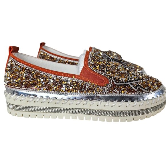 Womens 8.5/39 Rhinestone Bow Platform Sneakers Glitter Walking Slip-On Loafers - Picture 8 of 15
